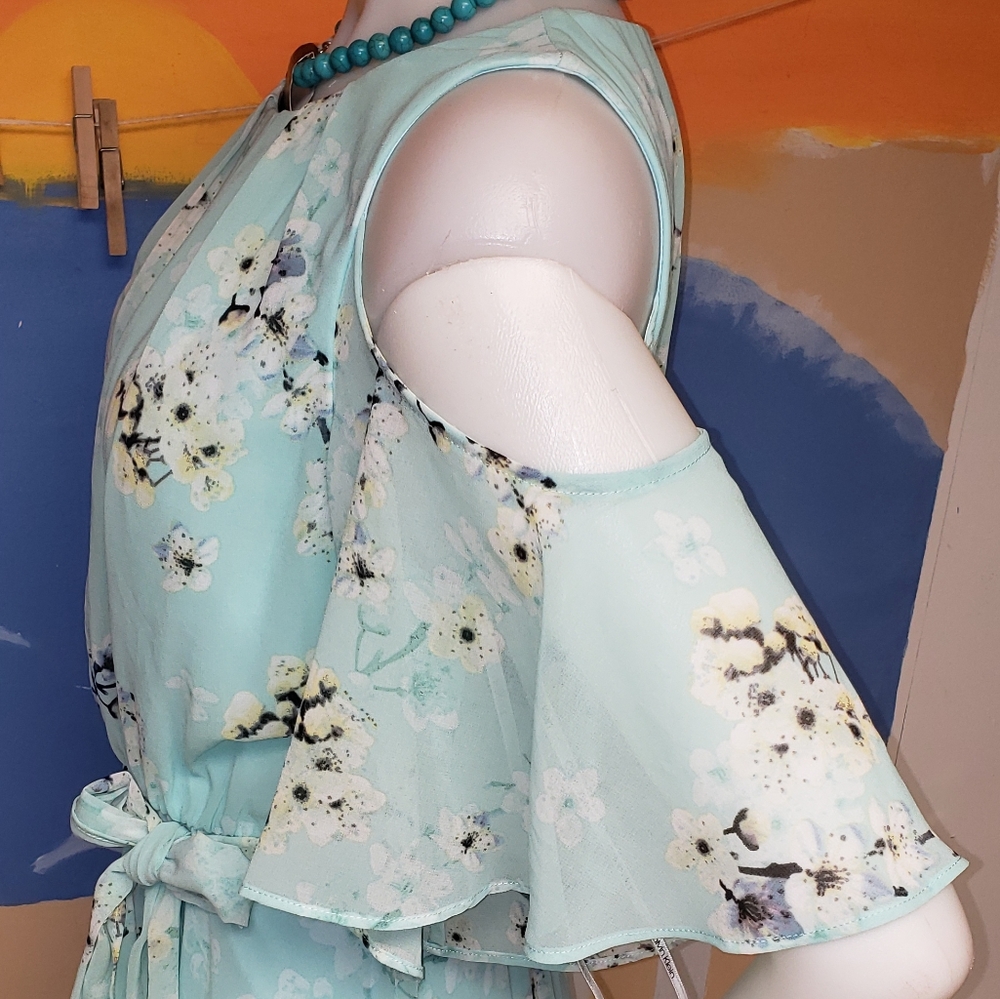 Calvin Klein Floral Cold Shoulder Belted Chiffon Maxi dress - Picture 10 of 15